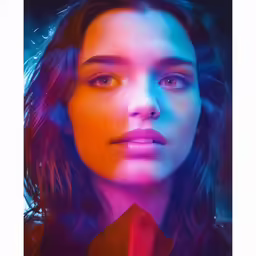 woman in bright, colorful lit image on white paper