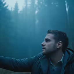 a man in the dark is pointing at something