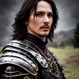 a young man in armor poses for a portrait
