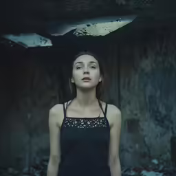a woman looks up at the sky as she stands in a room filled with garbage