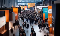 a large group of people walk around a big room
