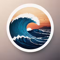 an image of the ocean waves at sunset,a circular wall hanging that has waves in it