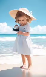 a little girl on the beach playing with an object