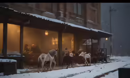 the horse is walking through the snowy snow covered area