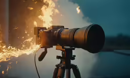 a camera is set on fire with its lens pointed toward the sky
