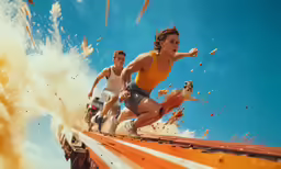 two people racing across the air on their surf boards