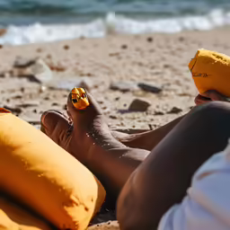 a man laying on top of a yellow beach