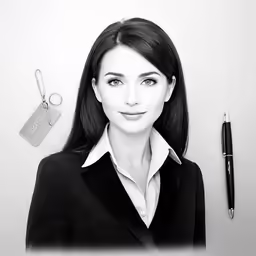 a woman is in black and white, a pen, key chain, and scissors