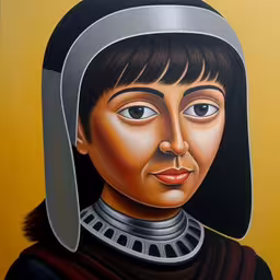 a painting of a woman in a black and silver hat