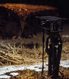 an old fashioned movie camera is sitting in the dirt