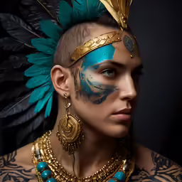 a man with tattoos and feather decorations on his head