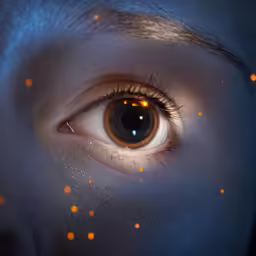 a photograph of the eye with orange specks on it