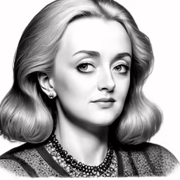 black and white photograph of a woman wearing pearls