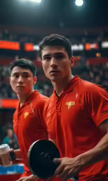 two young men wearing red shirts holding their dumbs