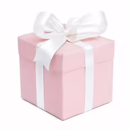 a pink gift box with a white ribbon tied around it