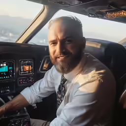 man driving a plane smiling at camera in cockpit