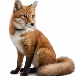 an orange and white fox sitting on top of a white surface