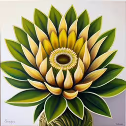 a painting of a yellow flower with leaves on it,the large flower is on display on a white surface
