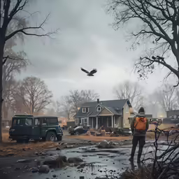 a guy on a road next to trees and a house in the rain