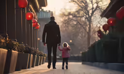a man walking with a little girl on his arm