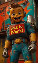 the toy figure is posed in front of a dilapidated building