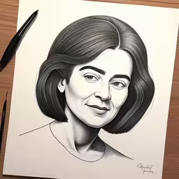 a pencil drawing of a woman,this drawing has been drawn and depicts the head of a woman,a drawing of a woman with a big smile,a drawing of a woman has a pen on top of it,the drawing of the woman is on paper