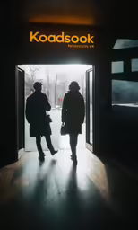 the shadows of people walking through a door to a store