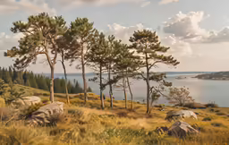 three trees stand alone next to a lake