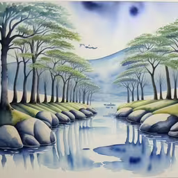 a painting of trees and rocks in the water,an artistic painting depicting a scene of a lake and trees