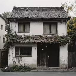 an old white house with vines growing on it