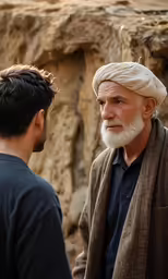 an old man with a white beard talking to another man