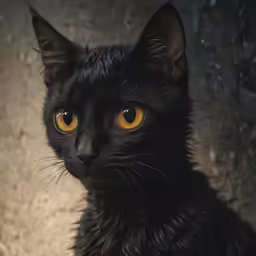 a black cat with yellow eyes staring into the camera