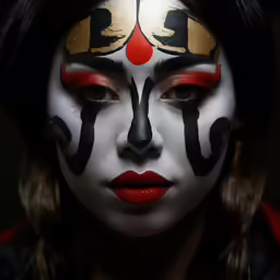 a woman in white and black face paint, painted as a clown