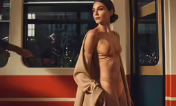 a beautiful woman walking in front of a train