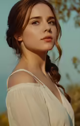 a woman in a white shirt and long hair looking into the distance