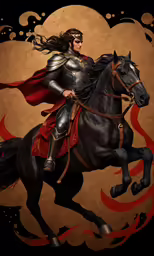 the person is riding a black horse with red cloak