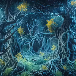 a painting of a forest with lots of trees