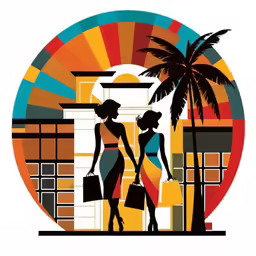 two women are walking by the palm trees