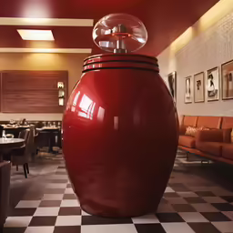 a large red jar with a round lid