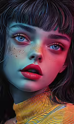 a woman with red and blue eyes in a bright photo