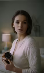 a young lady is looking at a camera