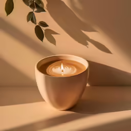 a candle in a white vase is sitting on the table
