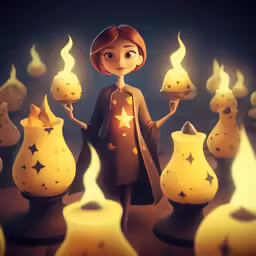 a character holding candles surrounded by stars