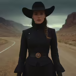 a young woman in a cowboy hat standing on a dirt road