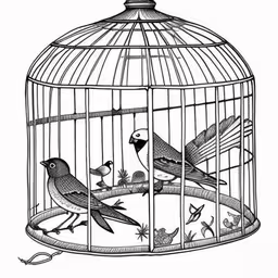 this drawing shows birds perched on a perch inside a cage,a cage with two birds inside and a third bird in the center inside,a black and white drawing of birds inside a cage,a bird in a cage that has birds on it,an illustration shows two birds perched in a cage