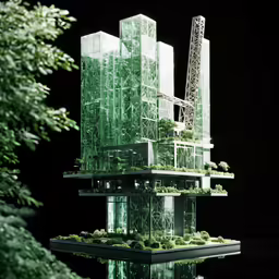 tall buildings with lots of windows and trees in the background