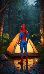 the man in the blue and red suit stands near a tent,a man in blue and red standing by a tent