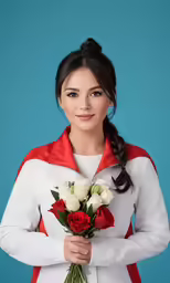 a young lady holding roses for a photo