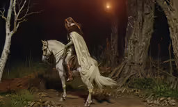 a woman wearing a white dress riding a horse