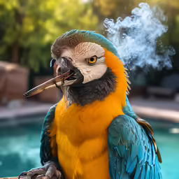 a colorful parrot is standing next to a pool